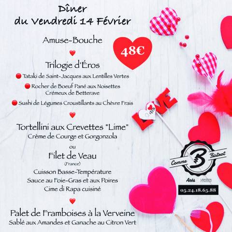 Un Dîner d’exception pour la Saint-Valentin au B Comme Bistrot à Arès sur le bassin d’Arcachon.