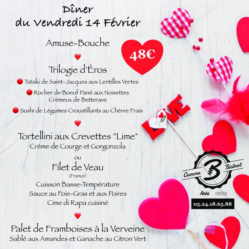 Menu de la Saint Valentin à Arès sur le Bassin d'Arcachon